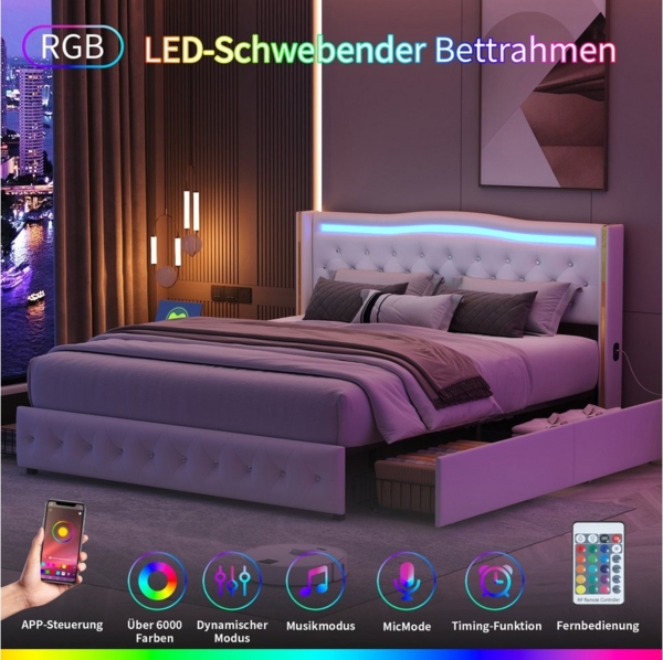 Romance Polsterbett Doppelbett Stauraumbett (Jugendbett Multifunktionsbett, 1 tlg. Chesterfield-Stil, Leichter Luxusstil, zwei USB & zwei Type-C), Mit LED-Beleuchtung, vier Rollschublade, Ladefunktion, PU, 160x200 cm Bild 3