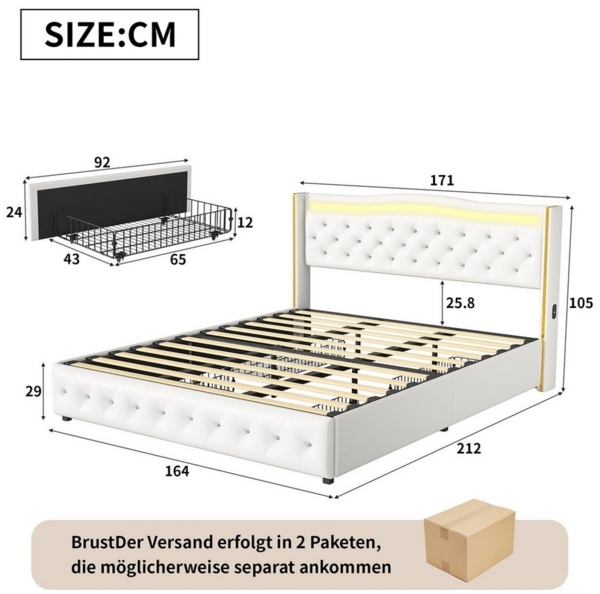 Romance Polsterbett Doppelbett Stauraumbett (Jugendbett Multifunktionsbett, 1 tlg. Chesterfield-Stil, Leichter Luxusstil, zwei USB & zwei Type-C), Mit LED-Beleuchtung, vier Rollschublade, Ladefunktion, PU, 160x200 cm Bild 2