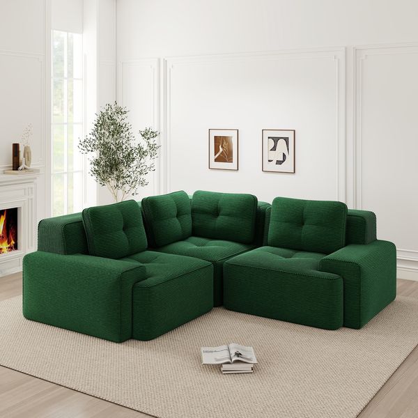 Flieks 2-Sitzer Modulares Ecksofa, Cloud Sofa Cord rahmenlos, Lounge Sofa bodennah, mit breiten Armlehnen, Grün