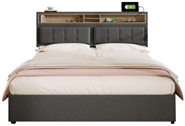 Polsterbett 140x200 cm mit 4 Schubladen, verstellbarem Kopfteil, Leinenbezug und integrierter Ladebox (USB/Typ‑C + Steckdosen),Grau,Es gibt eine Matratze.
