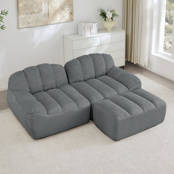 Modulsofa 2-Sitzer 79cm×210cm×165cm mit Ottoman – L-förmiges Ecksofa aus granuliertem Fleece in Grau, montagefrei