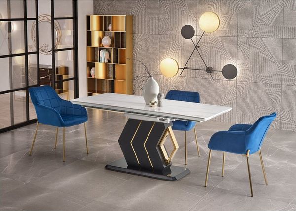 designimpex Esstisch Design HA-888 Tisch Marmoroptik - Schwarz Gold ausziehbar 160 bis 200