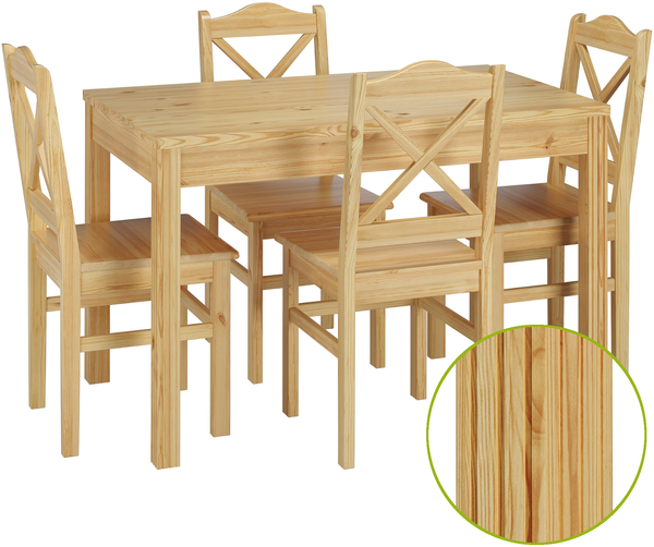 Schöne Essgruppe mit Tisch und 4 Stühlen in kiefer Massivholz natur 90.70-51 C-Set 20