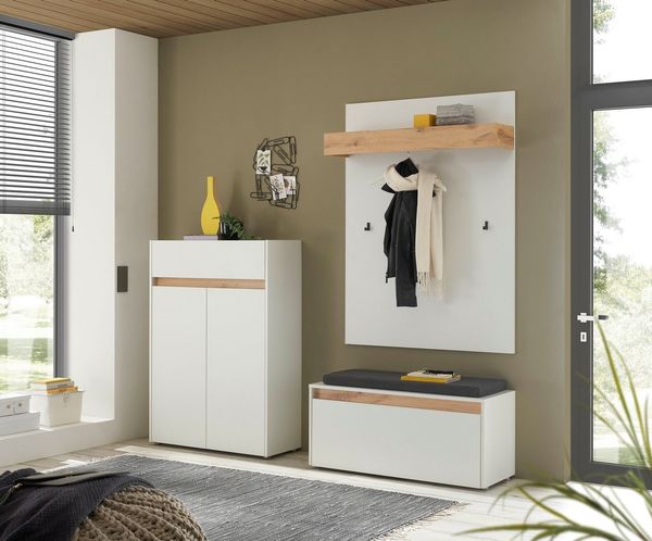Home affaire Garderoben-Set City/Giron, moderne Garderobe, viel Stauraum, ca. 24 Schuhe, (Set, 3-St), enthält Schuhschrank, Garderobenpaneel & Garderobenbank mit Sitzkissen