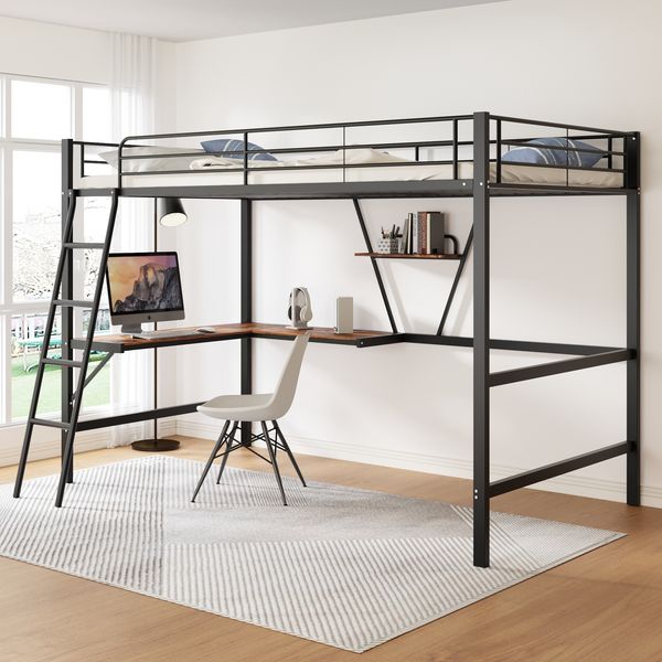 90x200cm Bettgestell Metallbett, Eisenbett, Hochbett mit L-förmigem Schreibtisch und einem Regal für Kinder, Jugendliche und Erwachsene, Schwarz