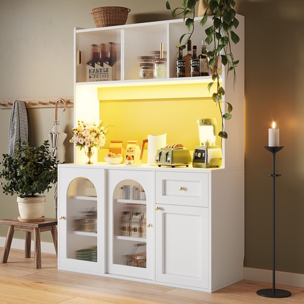 Mehrzweckschrank Sideboard mit LED Glas Türen Aluminiumgriffe verstellbare Einlegeböden Kippschutz Küchen Wohnzimmer,Weiß