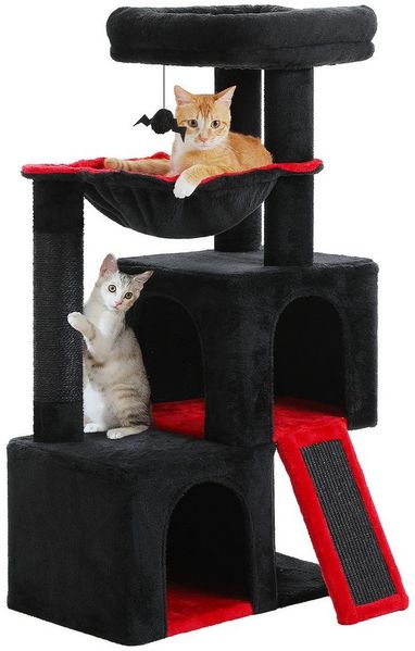 PAWZ Road Kratzbaum Kratzbaum 104cm Katzenbaum mit 2 geräumigen Höhle für Wohnungskatzen, gepolsterter Sitzstange, Kratzpad und abziehbarer Spielball grau