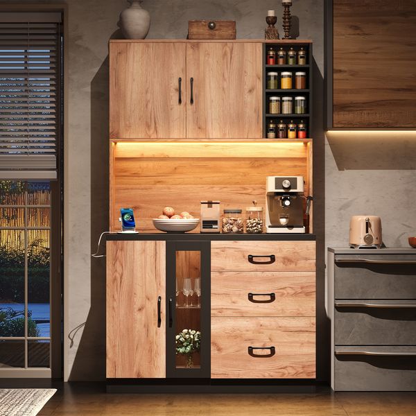 Merax Küchenbuffet mit Steckdose, LED-Beleuchtung und verstellbaren Einlegeböden, Hochschrank Küchenschrank Holzoptik Geschirrschrank mit Arbeitsplatte, Natur