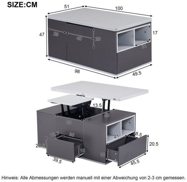 Odikalo Couchtisch Beistelltisch Teetisch Verteilbar in 2 Tischen Hebbar Tischplatte Weiß Bild 3