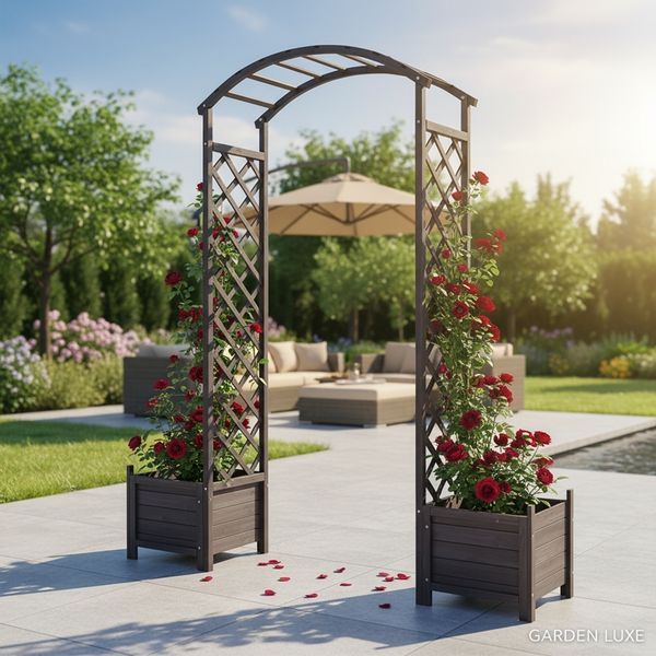 Rosenbogen Schwarz mit Blumenkübeln Spalier Rankhilfegitter Holz Pergola Gestell