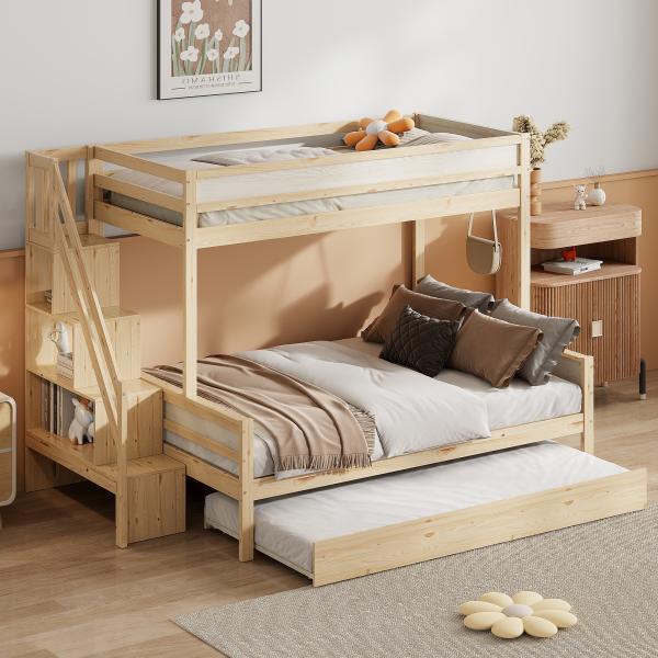 Merax Etagenbett Massivholzbett 90x200cm/140x200cm mit Ausziehbett 90x190cm, holzfarbe