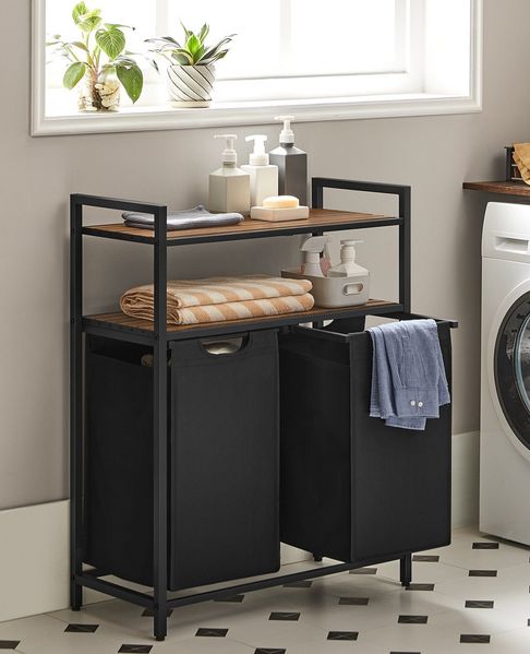 Vasagle Wäschekorb mit 2 Fächer, Metallgestell Vintagebraun/Schwarz, 2x46 L / 73 x 33 x 91 cm