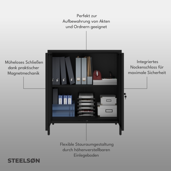 STEELSØN 'Regulus' Aktenschrank mit 1 Ablage, Metall, schwarz, 100 x 40 x 90 cm, abschließbar, mit Füßen Bild 4
