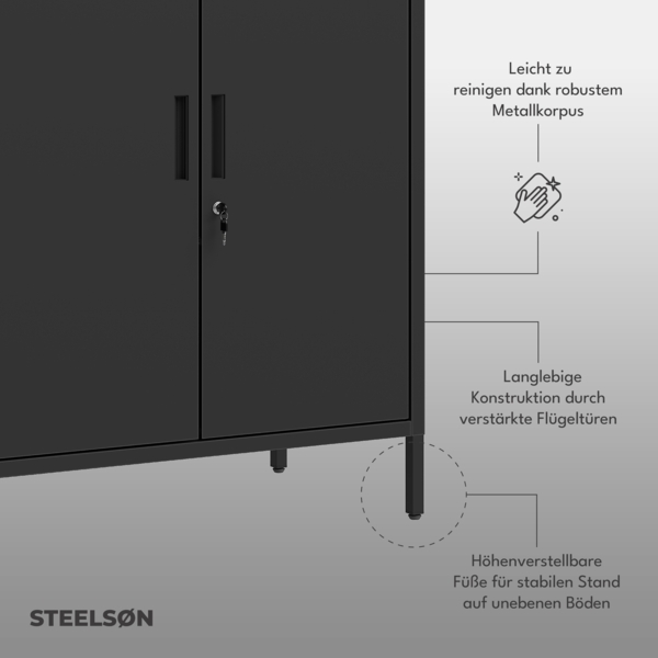 STEELSØN 'Regulus' Aktenschrank mit 1 Ablage, Metall, schwarz, 100 x 40 x 90 cm, abschließbar, mit Füßen Bild 5