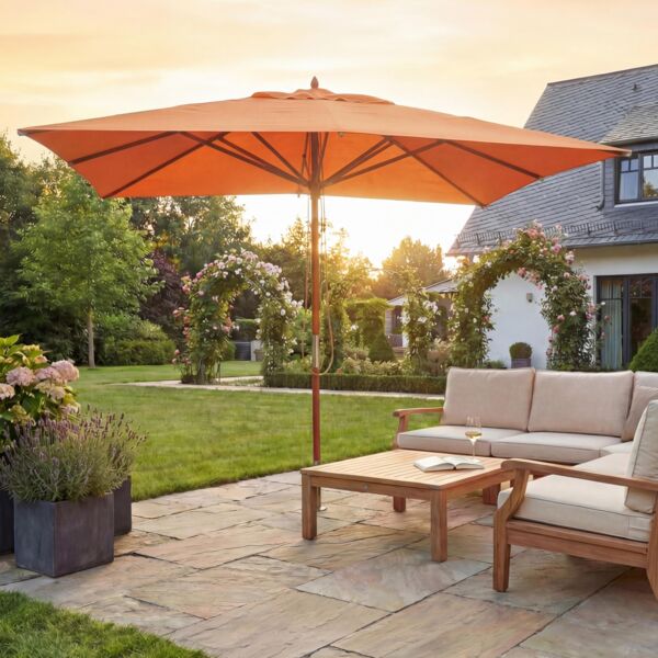 Gastronomie Holz-Sonnenschirm HWC-C57, Gartenschirm, Polyester/Holz 14kg, eckig 3x3m Seilzug stoßsicher ~ terracotta