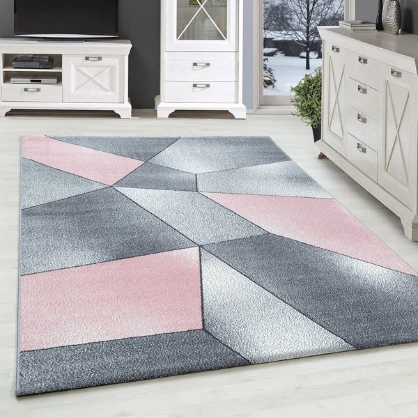 SIMPEX24 Teppich Geometrisch Design, Rechteckig, Höhe: 10 mm, Modern Kurzflor Teppiche Geometrisch Design Rosa Teppich Wohnzimmer
