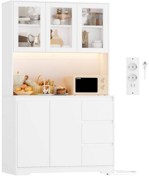 Homfa Küchenbuffet Küchenschrank Buffetschrank mit LED Sideboard weiß mit Steckdosenleiste & Arbeitsplatte 180x100x38,5cm