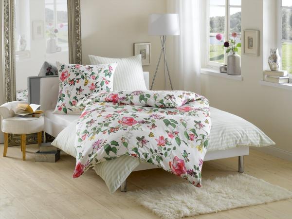 Mako Satin Blumen Bettwäsche Vögel + Schmetterlinge weiß 135x200 + 80x80