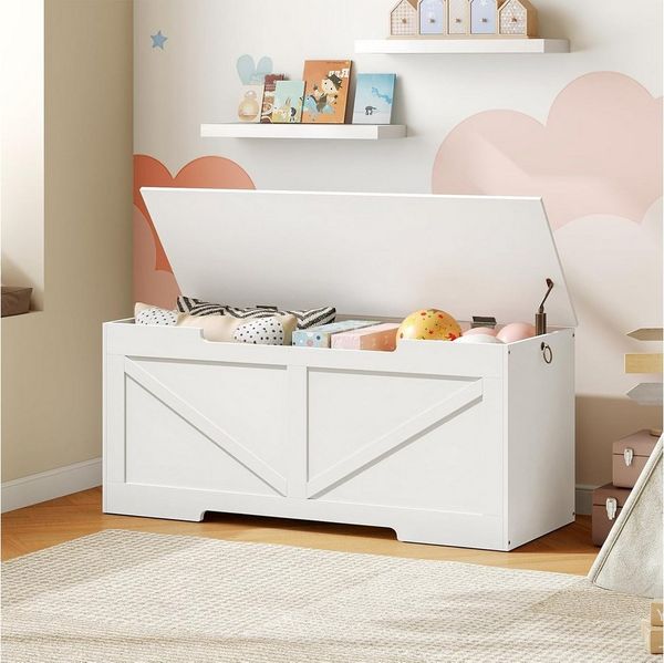 Hoobro Sitzbank mit Stauraum 110 cm (Truhenbank mit Klappdeckel & 2 Seitengriffen, Spielzeugkiste Holzoptik), Aufbewahrungsbank für Flur, Wohnzimmer & Schlafzimmer