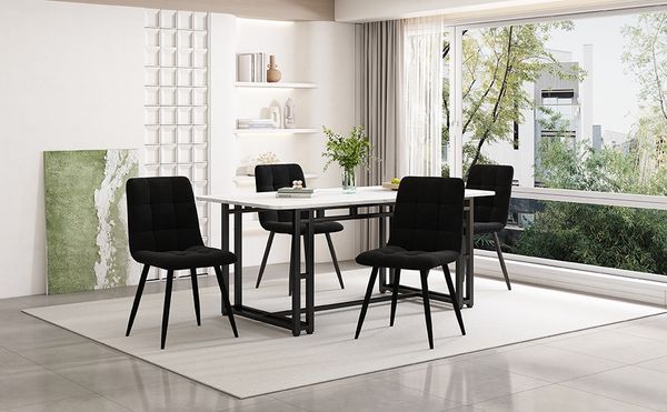 Esstisch 140x80 cm Set mit 4 Samtstühlen, Schwarz, MDF-Tischplatte & schwarzes Metalllgestell,Weiß und schwarz