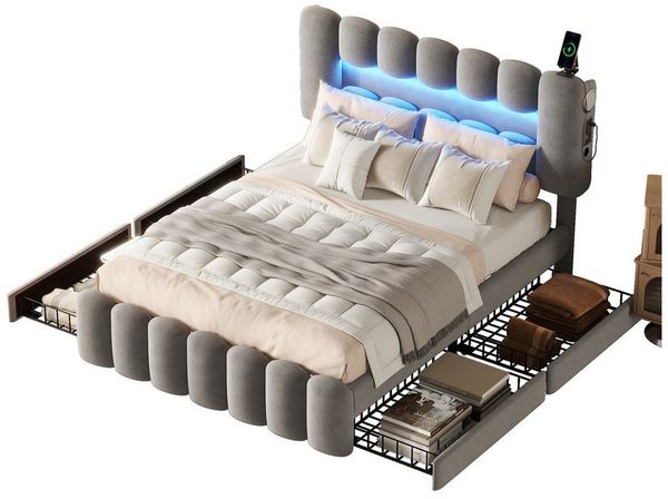 Merax Polsterbett, LED-Beleuchtung, Samt Doppelbett 160x200cm mit USB und 4 Schubladen