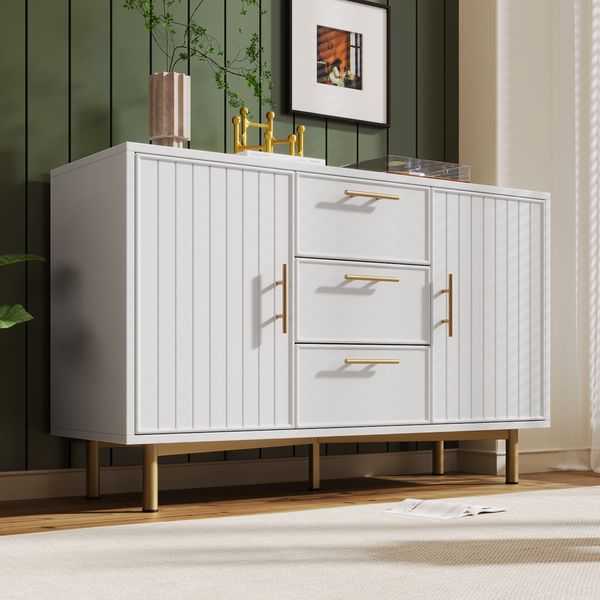 Bettkommode H75xB120xT40 cm mit Stauraum und Metallfuß – modernes, geripptes Design in Weiß