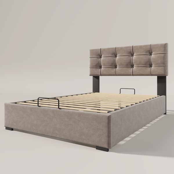 Polsterbett 90×200 cm mit hydraulischem Bettkasten, verstellbarem Kopfteil, Hellgrau