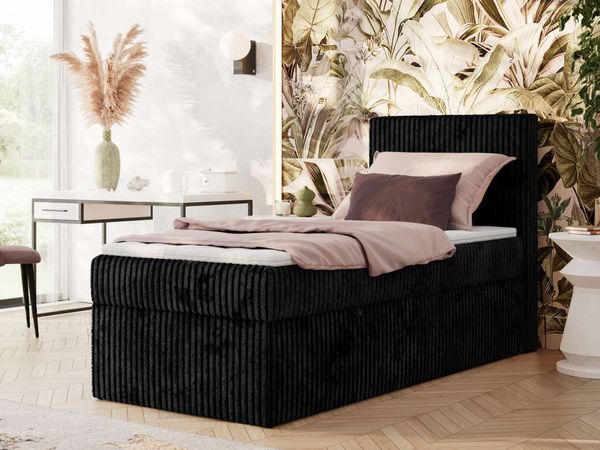 Boxspringbett TILIANO 90x200 Cord inkl. Bettkasten, Einzelbett 7-Zonen Multipocket-Matratze & Topper, Modernes Design mit hohem Kopfteil - Schwarz Cordstoff - H3 - Topper T25