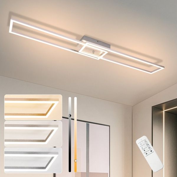 ZMH LED Deckenleuchte Wohnzimmer Schwarz 2/3 Rahmen Modern Dimmbar Schlafzimmer, Augenschutz, Einfache Installtion, LED fest integriert, 3000-6500K, 36W Rechteckig Design mit Fernbedienung Silber Esszimmerlampe