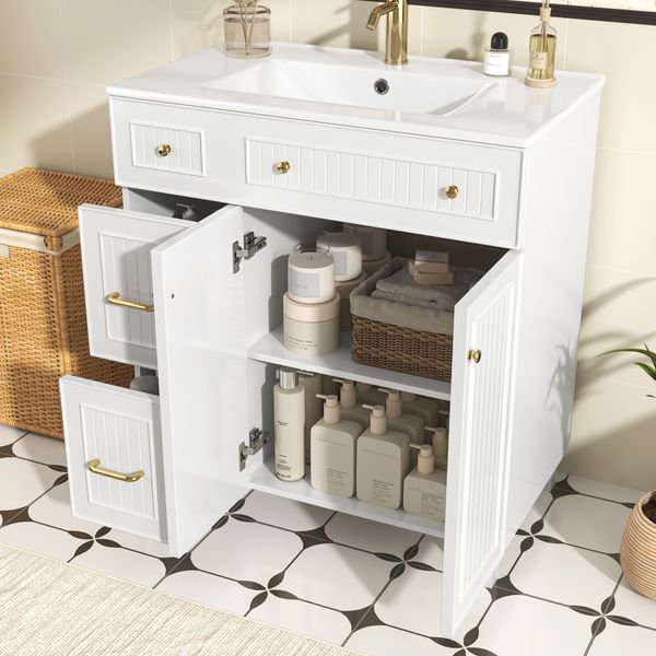 Merax Badezimmerschrank mit Waschbecken 81.7cm- Stehender Badschrank mit Keramikwaschtisch, lackierter Oberfläche, multifunktionalem Stauraum & Massivholzfüßen - weiß