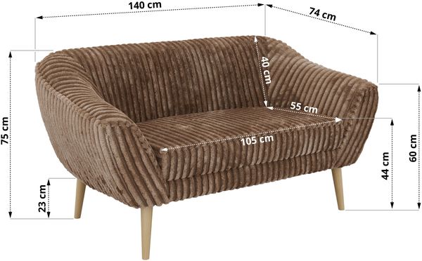 Polstersofa PIRS 2 Skandinavisches Sofa 2-Sitzer, Sofa mit Wellenfederung, Breite 140 cm, Buche Füße Hoher Sitzkomfort - Braun Cord Bild 5