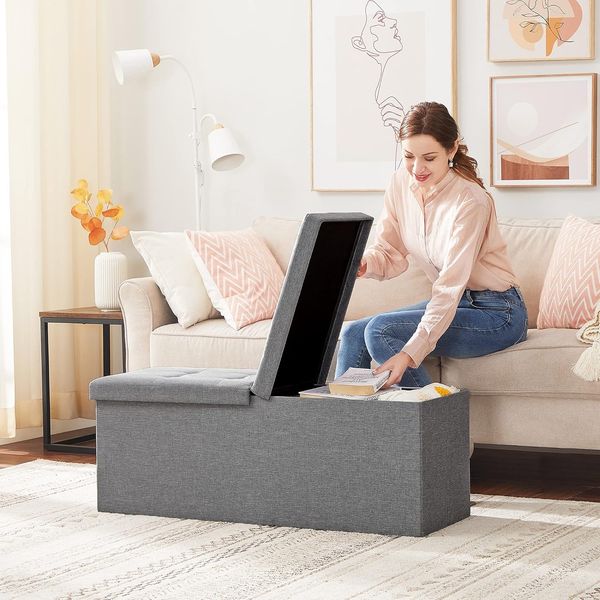 Songmics 110 x 38 x 38 cm Faltbarer Sitzhocker 3-Sitzer belastbar bis 300 kg Fußbank Schuhbank Tritthocker leinen, Hellgrau LSF71G