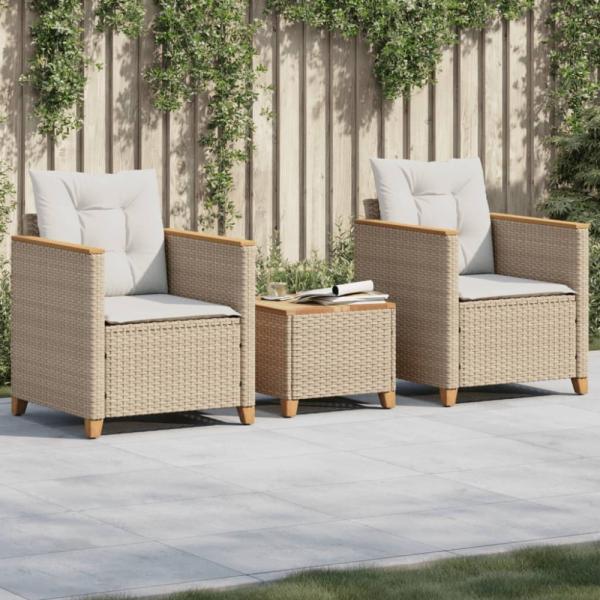 vidaXL 3-tlg. Bistro-Set mit Kissen Beige Poly Rattan Akazienholz 366315