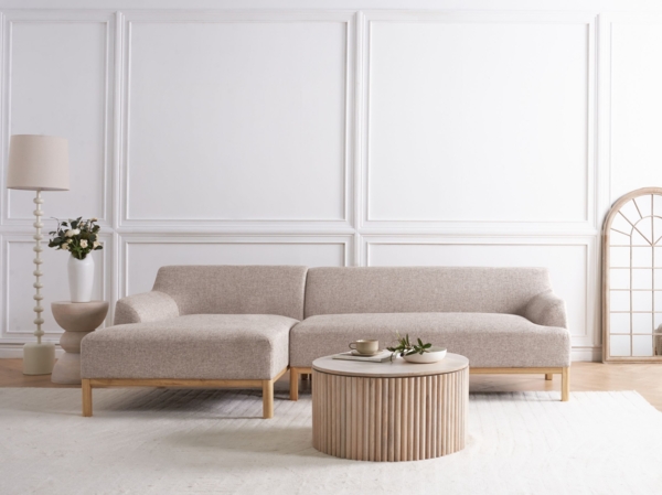 beliani 'SOSJO' Ecksofa, Stoff hellbraun, Linksseitig, 251 x 132 x 74 cm