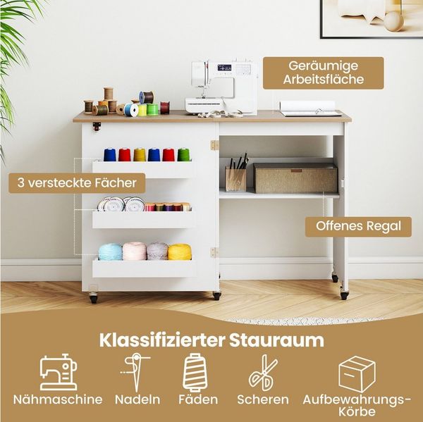 COSTWAY Schreibtisch, Nähtisch klappbar, Nähschrank mit Rollen, Holz