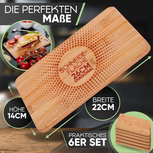 Loco Bird Frühstücksbrett 6er Set - 22 x 14cm, Bambus, (Antibakterielles Frühstücksbrett aus Holz, 6-St, Brettchen), Holzbrettchen für die Küche