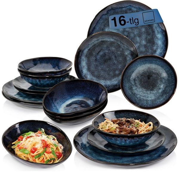 SÄNGER Tafelservice Tokio Geschirrset (16-tlg), 4 Personen, Steingut, Blau Schwarz, Handmade, Premium Collection