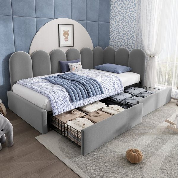 REDOM Kinderbett Gemütliches Polsterbett in weichem Samt, inkl. Lattenrost (Packung, 1-tlg, 90x200 cm,Als kuscheliges Jugendbett oder Einzelbett fürs Schlafzimmer), mit 2 geräumigen Schubladen(Ohne Matratze)