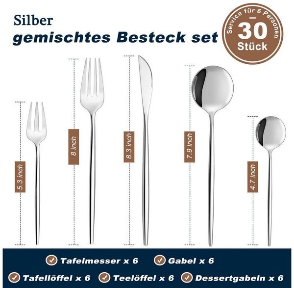 Venkuber Besteck-Set für 6 Personen, 30 teilig Essbesteck Set inkl. Messer, Gabel, Löffel (30-tlg), Edelstahl, Edelstahl, Besteck Edelstahl, Spülmaschinenfest