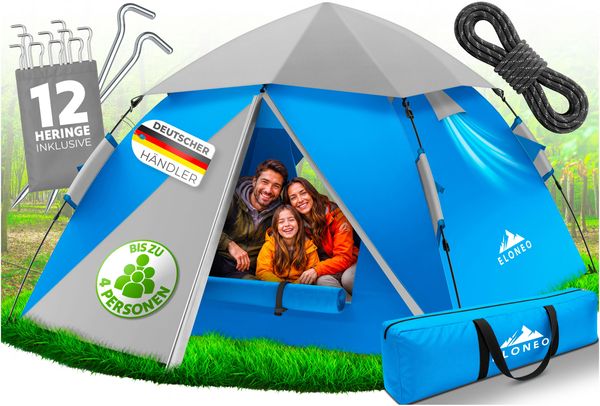 ELONEO Wurfzelt, 2-4 Personen Pop Up Zelt wasserdichtes Campingzelt schnellaufbau Zelt, Blau/Grau