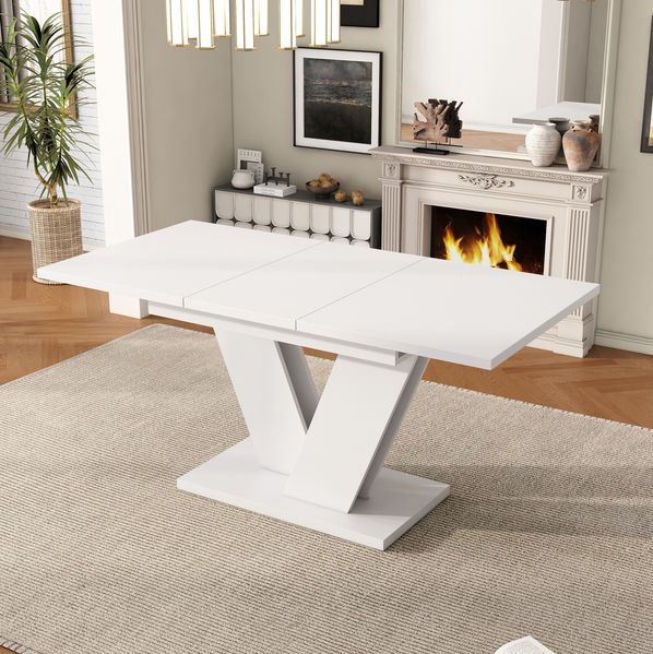 Esstisch 120/160x80 cm ausziehbar – rechteckiger Tisch aus MDF in Weiß mit V-förmigen Metallbeinen