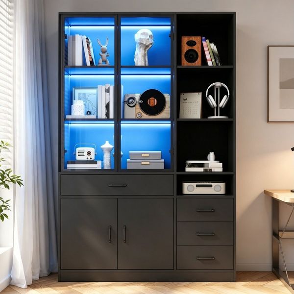 BlingBin Vitrine Hochschrank mit LED, Bücherschrank mit 4 Schubladen - 120 x 35 x 200 cm (1er Set, 1-St, Tragfähigkeit: 200kg, Aufbewahrungsschrank Küchenbuffet) Standvitrine mit 13 Stauraumbereichen für Wohnzimmer, Schwarz