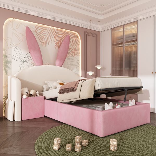 Merax Polsterbett, 90x190cm, Jugendbett, Einzelbett mit Hasenohren-Kopfteil, Kinderbett mit Hydraulischem Stauraum & Nachttisch, Samt Softbett, Beige & Rosa (Ohne Matratze)