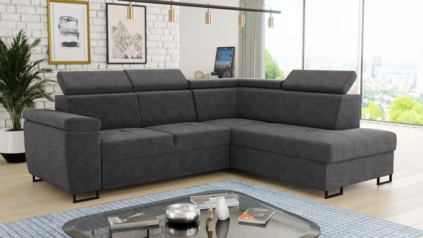 Ecksofa Natan mit Schlaffunktion und einstellbare Kopfstützen - Wohnlandschaft mit Metallfüßen, Couchgarnitur, Bettkasten, Sofa (Ecksofa Rechts, Dunkelgrau (Kronos 22))