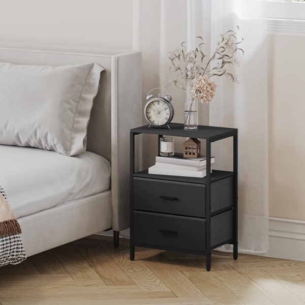 Nachttisch 2er Set, Beistelltisch mit 2 Stoff-Schubladen und Regalen, Offenes Fach, Couchtisch, Nachtschrank Schlafzimmer, für Wohnzimmer, Schlafzimmer, Schwarz