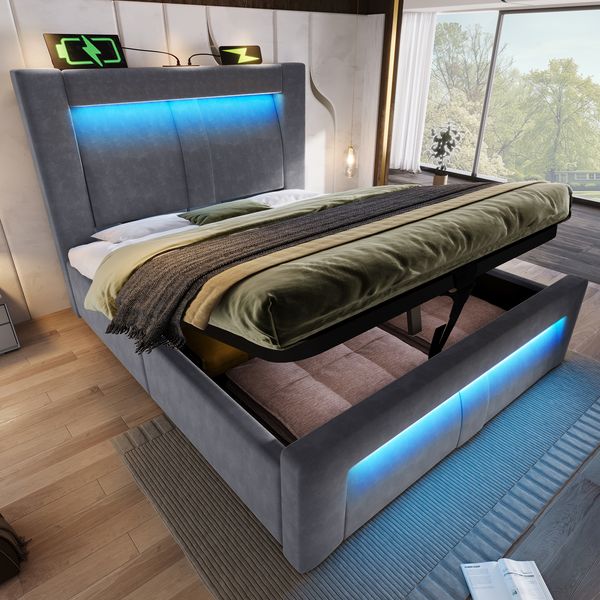 Einzelbett Samt mit Stauraum, LED & USB-Anschluss, 90x200 cm, Grau, ohne Matratze