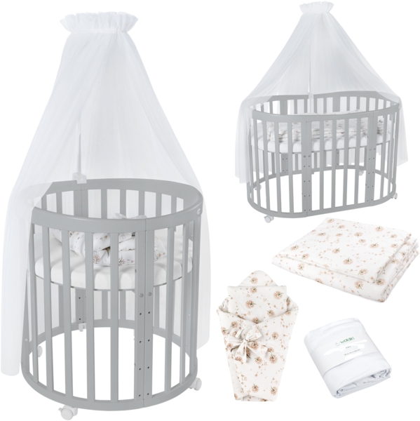 Waldin Babybett OWAL aus Holz 7in1 mit Matratze, mitwachsendes Kinder-Bett, belüftet, Boden 5-fach verstellbar, All-Inclusive-Set Holz grau, Stoffe Weiß Löwenzahn