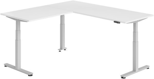 bümö Eckschreibtisch elektrisch höhenverstellbar L-Form: 200 x 200 cm in weiß, Gestell silber - Stehschreibtisch mit Memory-Steuerung, elektrischer XXL Schreibtisch für die Ecke, XDSMW-2012-W-S