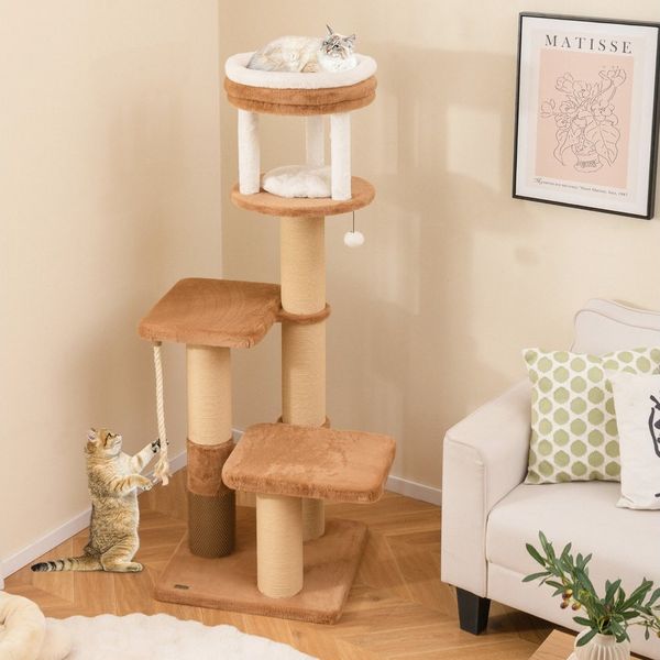COSTWAY Kratzbaum, mit Plattformen & Katzenbett & Fellbürste & Spielzeug