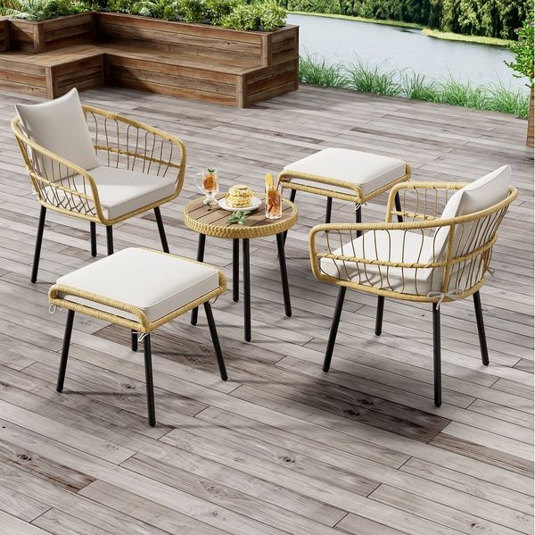 Flieks Sitzgruppe, 5-teiliges Rattan Balkonset Gartenmöbel-Set Stuhl*2+ Hocher*2+ Tisch*1